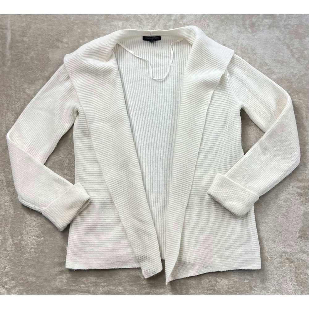 Banana Republic Women Cream Ribbed Open Front Shawl Collar Cardigan Sweater S